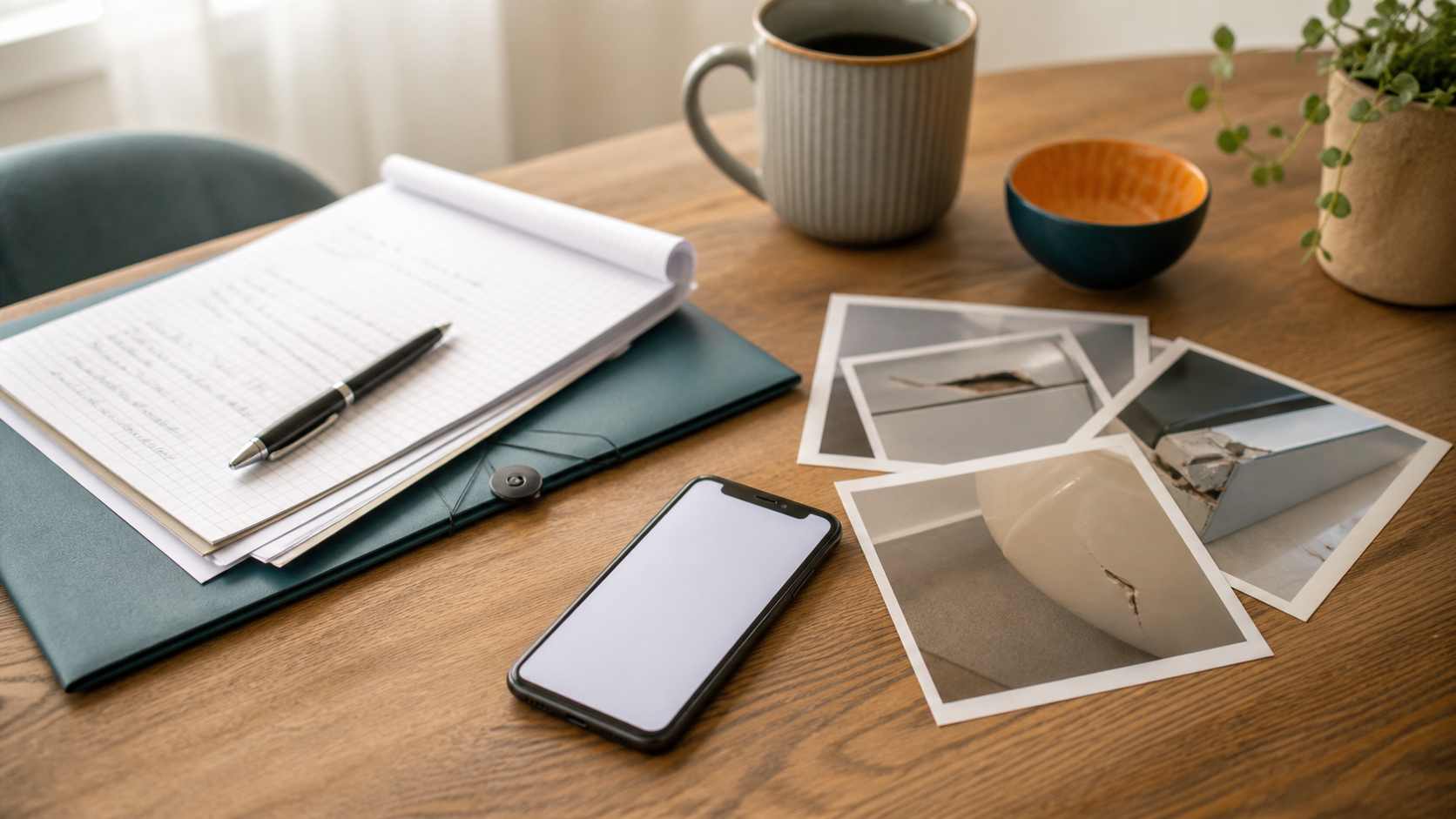 Smartphone, Notizblock und Fotos neben einem beschädigten Gegenstand auf einem Tisch.