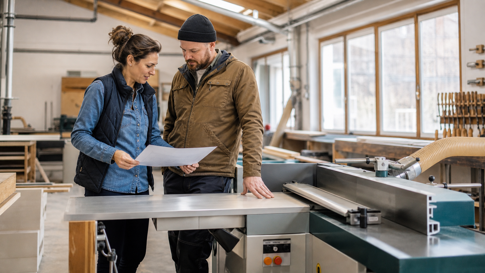 Inhaberin und Mitarbeiter besprechen in einer Werkstatt neue Maschinen und Unterlagen.