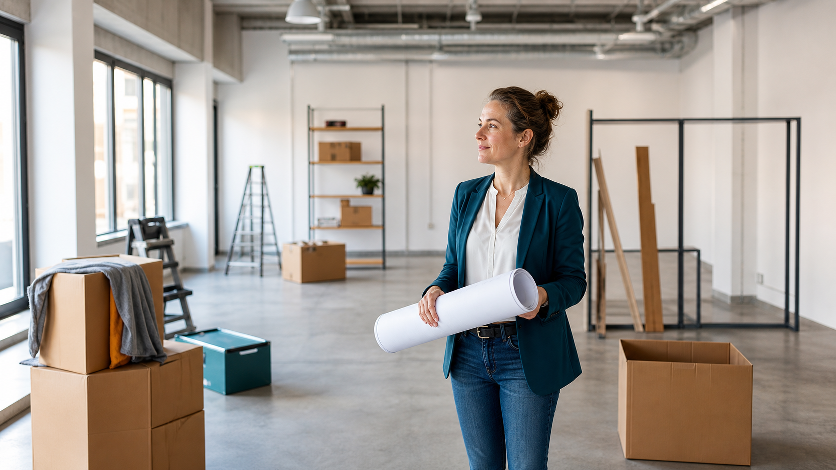 Unternehmerin steht mit Umzugskisten und Grundriss in einer neuen Gewerbehalle.