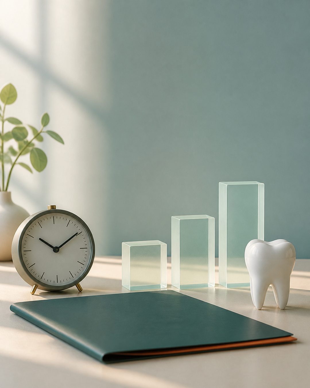 Uhr, drei transparente Stufen und eine weiße Zahnfigur als Symbol für Zeit und Leistungsgrenzen.