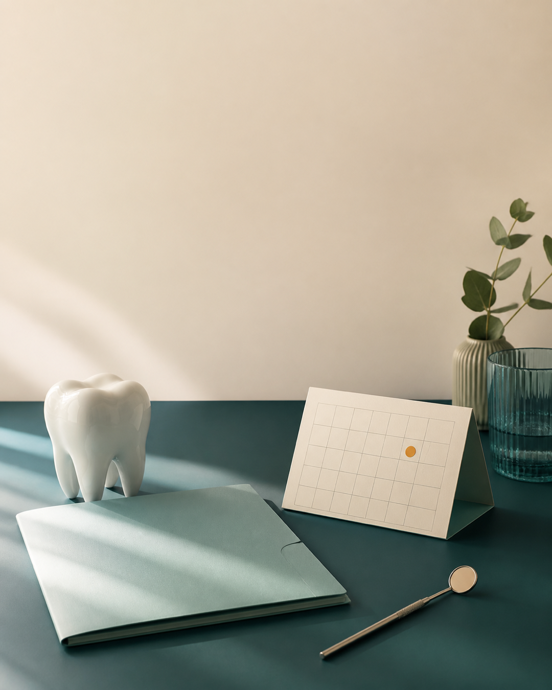Weiße Zahnfigur neben einer leeren Terminmappe, einem Kalender und einem Dentalspiegel auf einem petrolfarbenen Tisch.